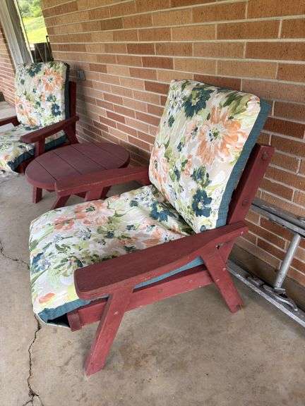 WOODEN PATIO SET OF TWO CHAIRS AND TABLE WITH CHAIR COVERS