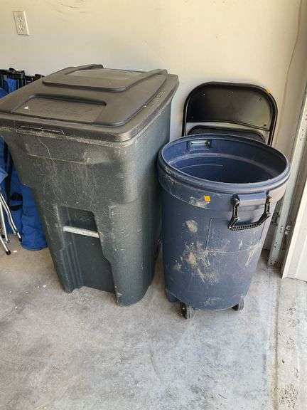 2 Trash Cans, Metal Folding Chair