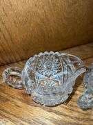(2) Crystal Cut Glass Creamer and Sugar Set, (2) Crystal Cut Glass Salt and Pepper Shakers, (2) Glas