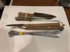 Assortment of Kitchen Knives, Skewers, Grilling Utensils