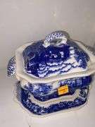 Ironstone Blue and White Transferware Tureen, Candlestick Holder and Pitcher