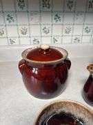 BROWN  POTTERY BEAN POT AND BOWL, PAIR OF SMALL PITCHERS, CUP