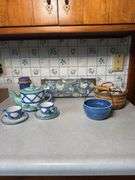 MIKASA TEA PITCHER AND TEA CUPS, BOWL, WALLART, BASKET BY ROYCE CRAFT,CANDLE
