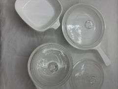 CORNINGWARE BLUE CORNFLOWER FRYING PANS, MINI CASSEROLE DISHES