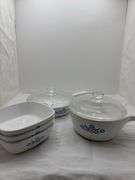 CORNINGWARE BLUE CORNFLOWER FRYING PANS, MINI CASSEROLE DISHES