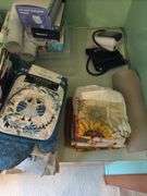 CONTENTS OF COUNTER TOP, TEA TOWELS (SOME NEW), CANDLES,