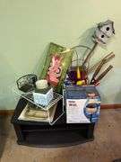 TV STAND/CONSOLE WITH ALL CONTENTS PICTURED, INCLUDING OSU GARDEN FLAG,  OX OF SOLAR LIGHTS, GARDEN 