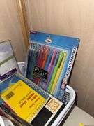 OFFICE SUPPLIES: ORGANIZER BASKETS, SCISSORS, PENS, PENCILS, MARKERS, NOTEPADS, STAPLER