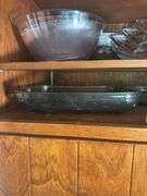 CASSEROLE DISH, SERVING BOWLS AND LIDS, LIBBEY ORCHARD BAKING DISHES AND BOWL