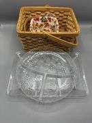 WOVEN BASKETS AND PLASTIC SERVING TRAYS