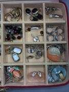 RED SUEDE JEWELRY BOX WITH CONTENTS OF EARRINGS, BRACELTS, BEADED NECKLACES