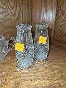(2) Crystal Cut Glass Creamer and Sugar Set, (2) Crystal Cut Glass Salt and Pepper Shakers, (2) Glas