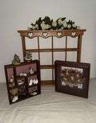 OAK WALL SHELVING/DISPLAY RACK, WOOD AND GLASS WALL ART, WOOD RACK WITH ANIMAL FIGURINES