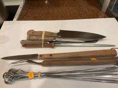 Assortment of Kitchen Knives, Skewers, Grilling Utensils