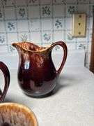 BROWN  POTTERY BEAN POT AND BOWL, PAIR OF SMALL PITCHERS, CUP