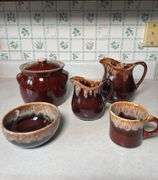 BROWN  POTTERY BEAN POT AND BOWL, PAIR OF SMALL PITCHERS, CUP