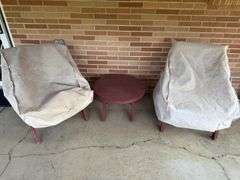 WOODEN PATIO SET OF TWO CHAIRS AND TABLE WITH CHAIR COVERS