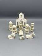 SNOW-BABY STYLE NATIVITY SET AND WOODEN OTTERBEIN U.M. CHURCH COLLECTIBLE