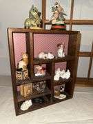 OAK WALL SHELVING/DISPLAY RACK, WOOD AND GLASS WALL ART, WOOD RACK WITH ANIMAL FIGURINES