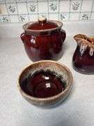 BROWN  POTTERY BEAN POT AND BOWL, PAIR OF SMALL PITCHERS, CUP