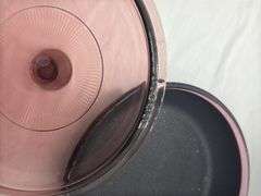 VISIONS CORNING WARE CRANBERRY FRYING PAN, HAS A FEW CHIPS ON EDGE OF LID