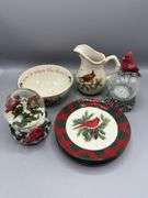 VARIETY OF CARDINAL DISHES, SNOWGLOBES, PITCHER, BOWL