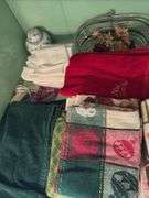 CONTENTS OF COUNTER TOP, TEA TOWELS (SOME NEW), CANDLES,