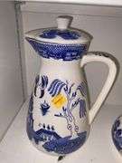 Ironstone Blue and White Transferware Tureen, Candlestick Holder and Pitcher