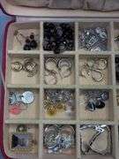 RED SUEDE JEWELRY BOX WITH CONTENTS OF EARRINGS, BRACELTS, BEADED NECKLACES