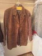 CONTENTS OF CLOSET WOMEN’S COATS AND JACKETS (SOME NEW WITH TAGS) ALOT OF SIZE L AND XL. SHOES SIZE 