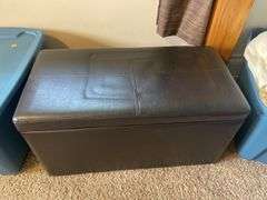 Storage bench and tote with curtains, sheets, and more