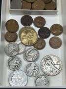 ASSORTMENT OF COINS INCLUDING BUFFALO NICKELS, WALKING LIBERTY HALF-DOLLAR, GOLD DOLLARS, MEXICO CEN