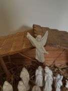 CHRISTMAS NATIVITY SCENE PORCELAIN FIGURINES AND WOODEN STABLE