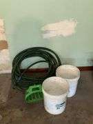 GARDEN HOSE, NOZZLE AND HOLDER WITH 2 FIVE GALLON BUCKETS