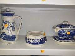 Ironstone Blue and White Transferware Tureen, Candlestick Holder and Pitcher