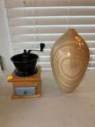Vintage Coffee Grinder and Wooden Vase