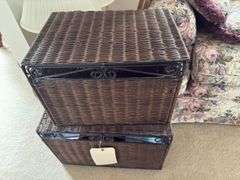 PAIR OF METAL FRAME WICKER BOX WITH VARIETY OF BOOKS