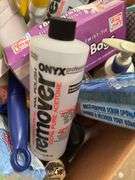 BLACK & DECKER QUICK-PRESS IRON AND BOX OF CLEANING SUPPLIES