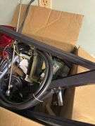 ASSORTMENT BOX WITH TAIL/BRAKE LIGHT, WIRING, GLASS SQUEEGEES, CASTERS, RADIO ANTENNA AND MORE