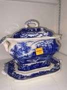 Ironstone Blue and White Transferware Tureen, Candlestick Holder and Pitcher