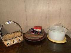 TUPPERWARE BOWLS, KELLOGGS TIN, SERVING PLATES, WOVEN BASKET