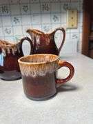 BROWN  POTTERY BEAN POT AND BOWL, PAIR OF SMALL PITCHERS, CUP
