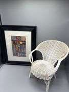 MINI VINTAGE WICKER CHAIR AND WATER COLOR WALL ART BY AMY C. BROWN