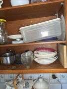 CONTENTS OF CABINET VINTAGE FLOUR SIFTER, SERVING BOWLS, MEASURING CUPS, FOOD SCALES