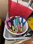 OFFICE SUPPLIES: ORGANIZER BASKETS, SCISSORS, PENS, PENCILS, MARKERS, NOTEPADS, STAPLER