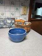 MIKASA TEA PITCHER AND TEA CUPS, BOWL, WALLART, BASKET BY ROYCE CRAFT,CANDLE
