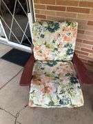 WOODEN PATIO SET OF TWO CHAIRS AND TABLE WITH CHAIR COVERS