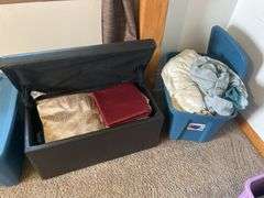 Storage bench and tote with curtains, sheets, and more