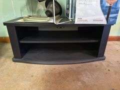 TV STAND/CONSOLE WITH ALL CONTENTS PICTURED, INCLUDING OSU GARDEN FLAG,  OX OF SOLAR LIGHTS, GARDEN 