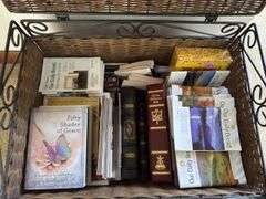 PAIR OF METAL FRAME WICKER BOX WITH VARIETY OF BOOKS